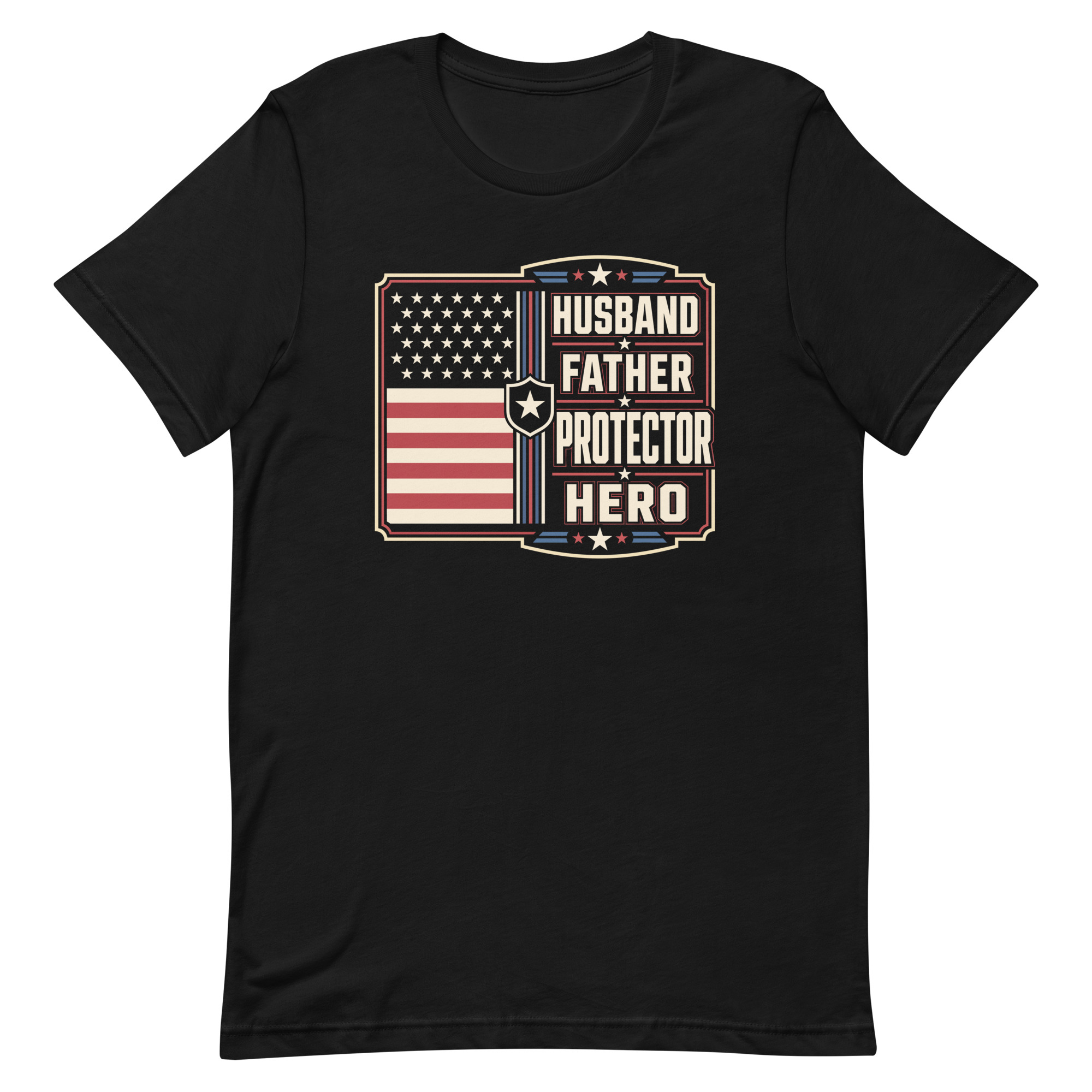 unisex-staple-t-shirt-black-front-6a6f4b7377d4c.jpg Black T-shirt with patriotic husband father hero design