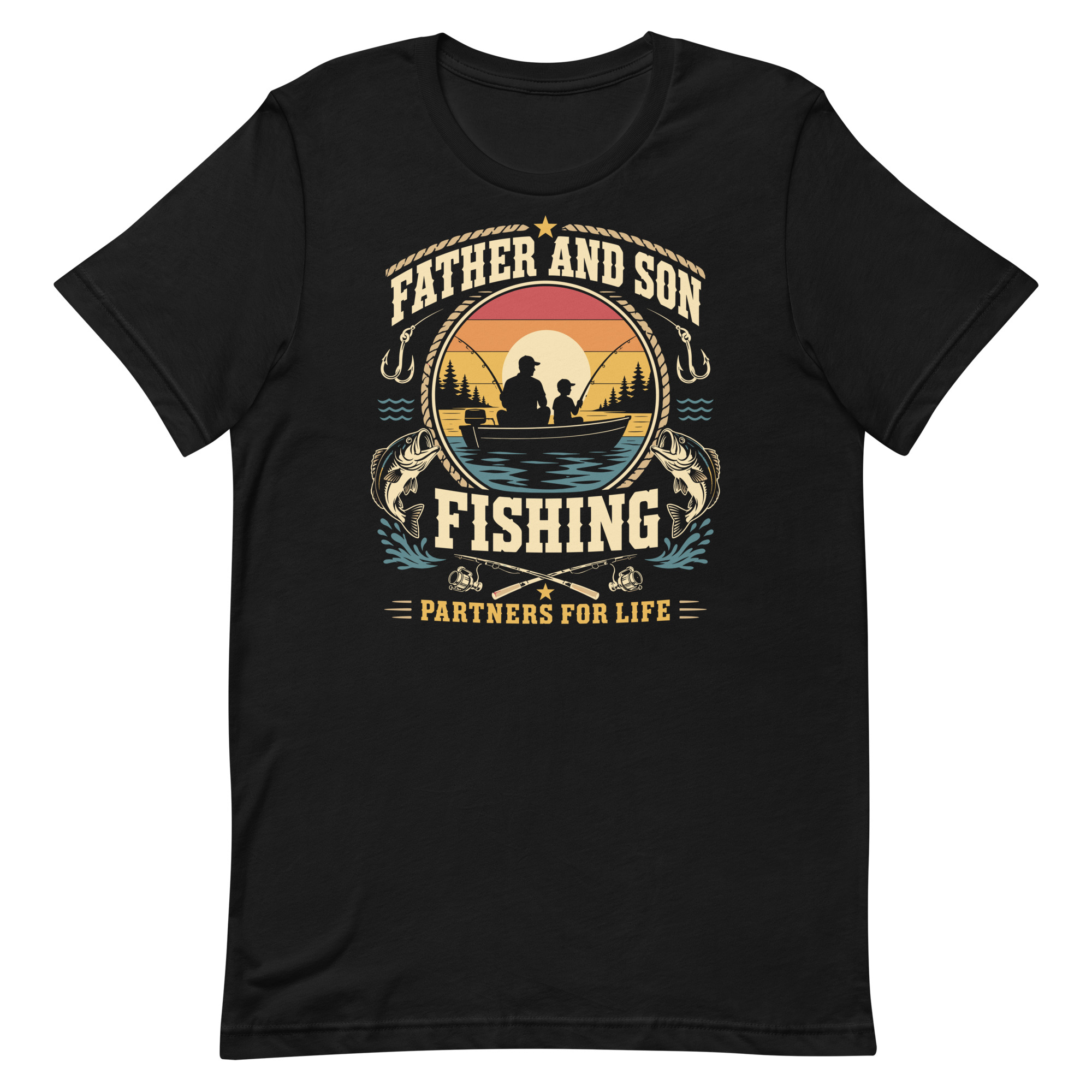 unisex-staple-t-shirt-black-front-6a6f56052c369.jpg Father and son fishing sunset T-shirt design