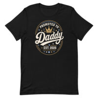 Black T-shirt reading Promoted to Daddy EST. 2026