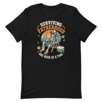 Skeleton relaxing with beer on fatherhood T-shirt