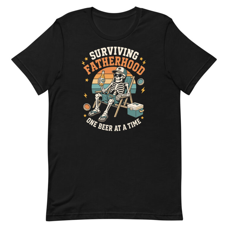 Skeleton relaxing with beer on fatherhood T-shirt