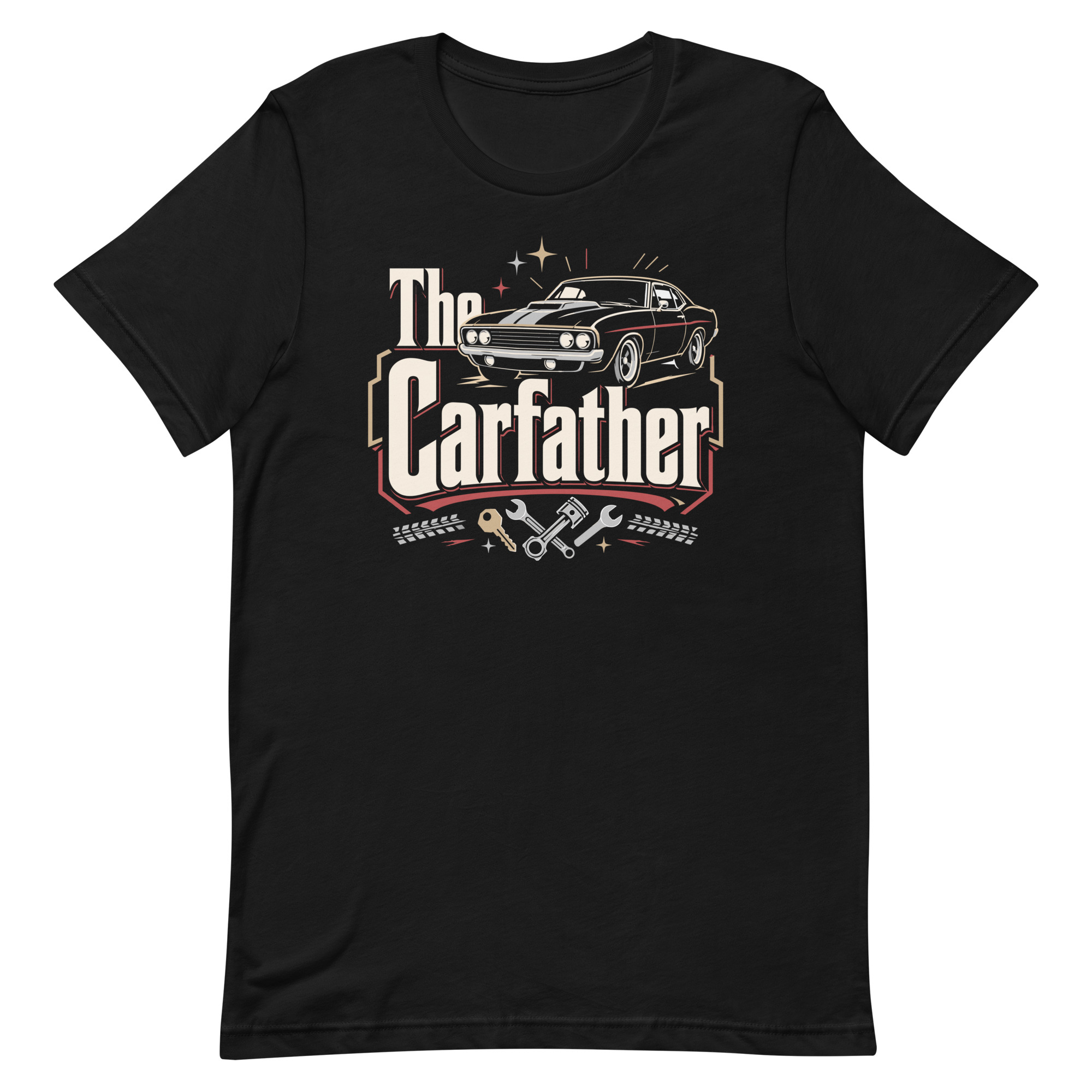unisex-staple-t-shirt-black-front-6a6f6c12e0659.jpg Black T-shirt with The Carfather car graphic