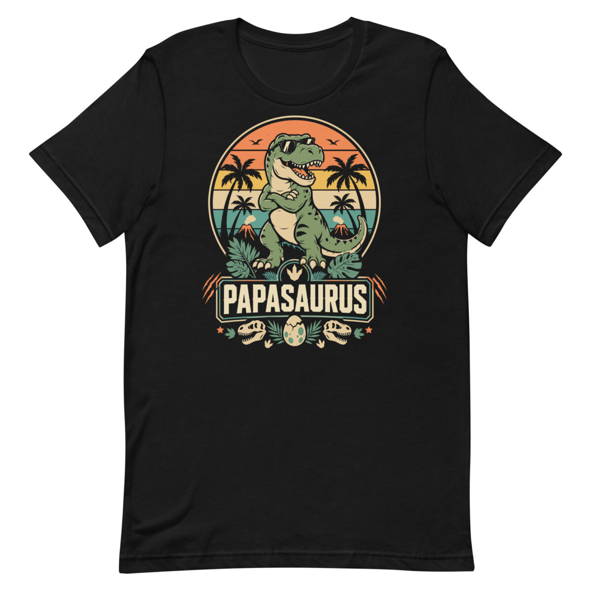Cartoon T-Rex Papasaurus graphic on black T-shirt