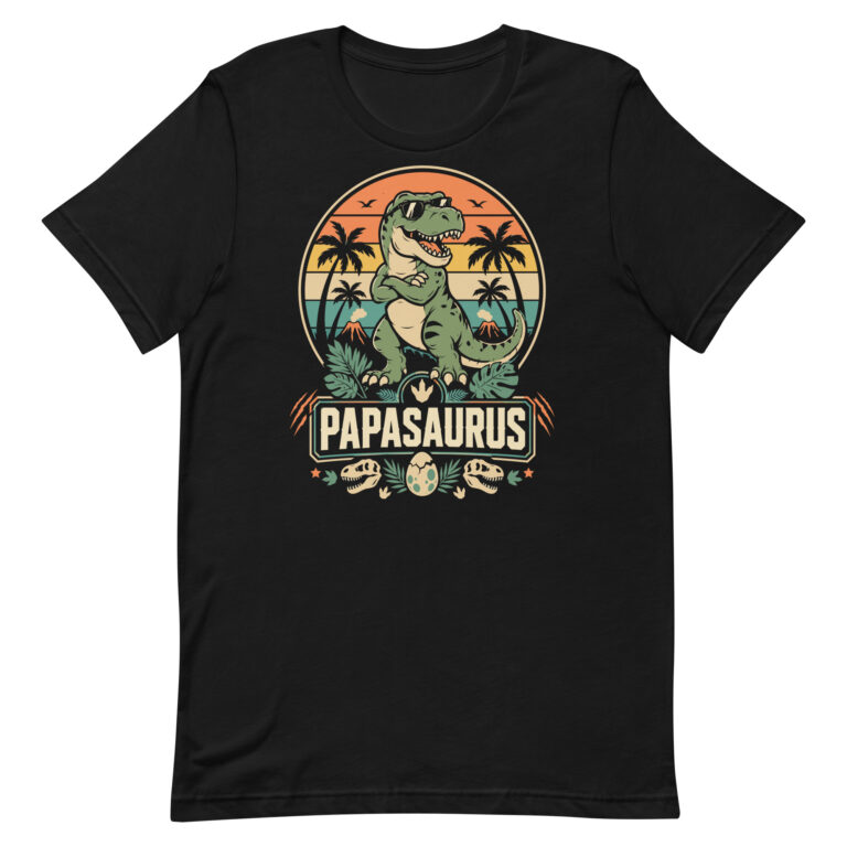 Cartoon T-Rex Papasaurus graphic on black T-shirt