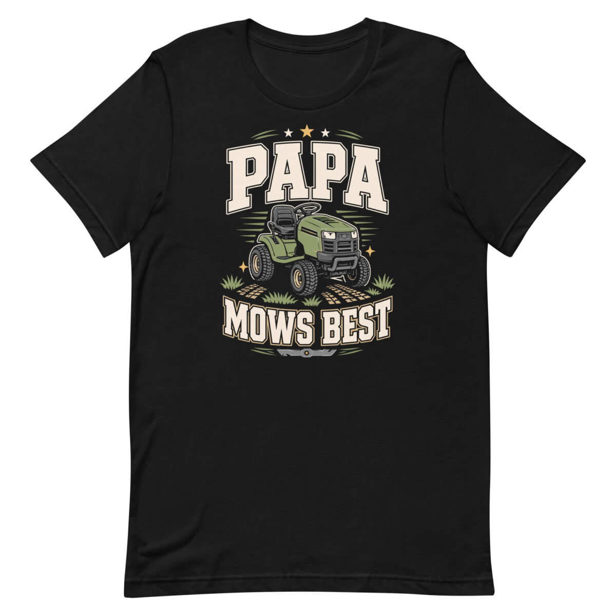 Black T-shirt with Papa Mows Best mower graphic