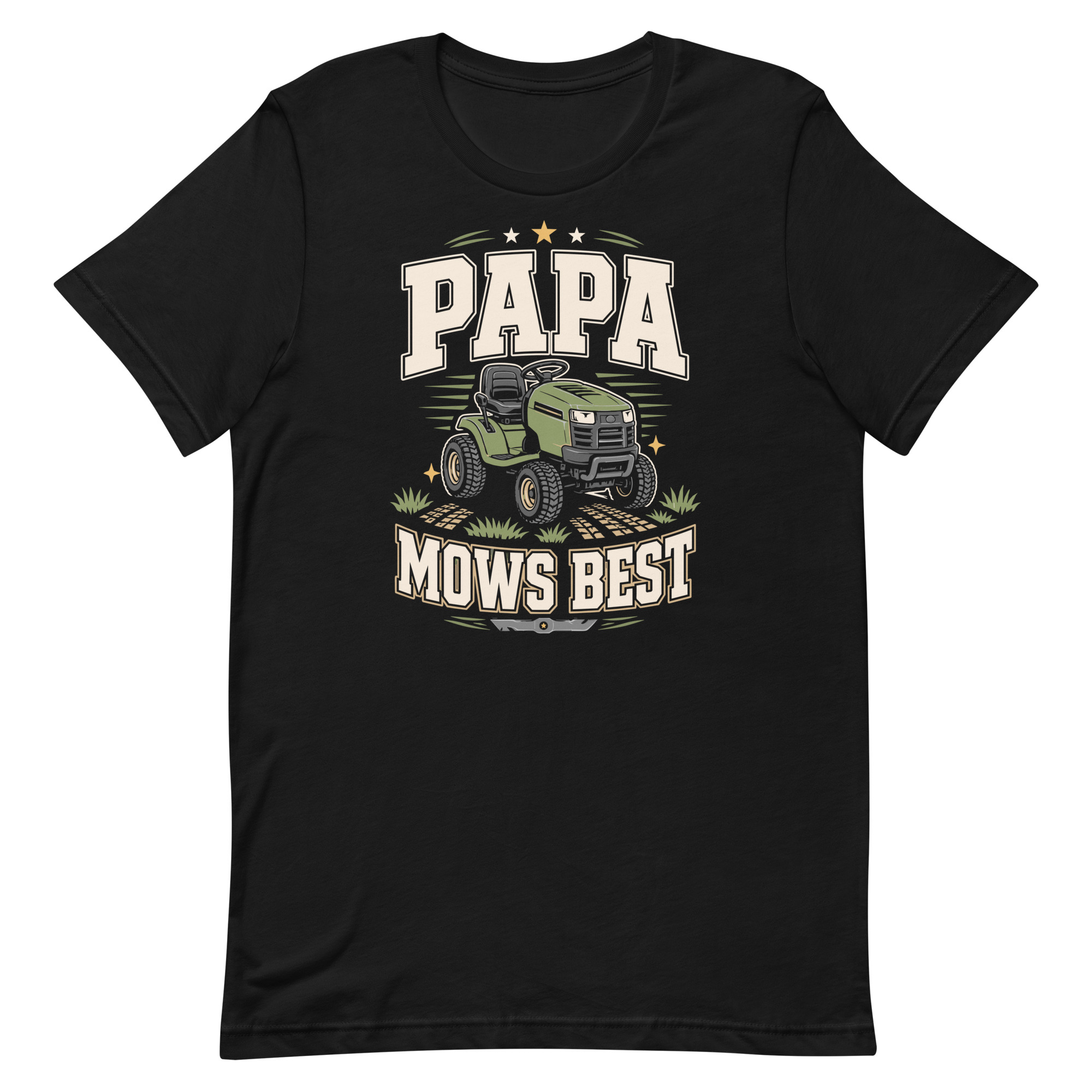unisex-staple-t-shirt-black-front-6a6f797ad3d4b.jpg Black T-shirt with Papa Mows Best mower graphic