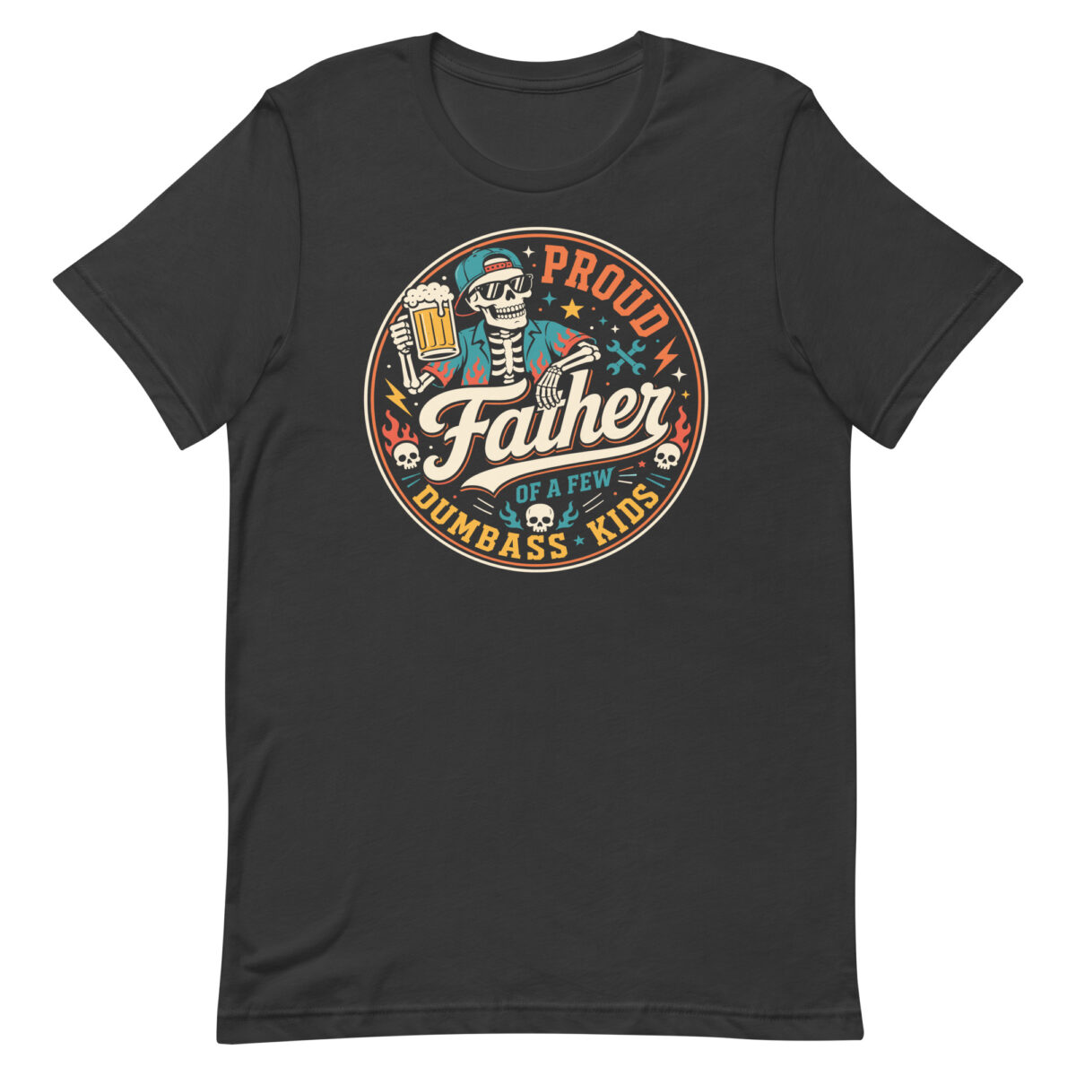 Graphic T-shirt with skeleton dad beer design