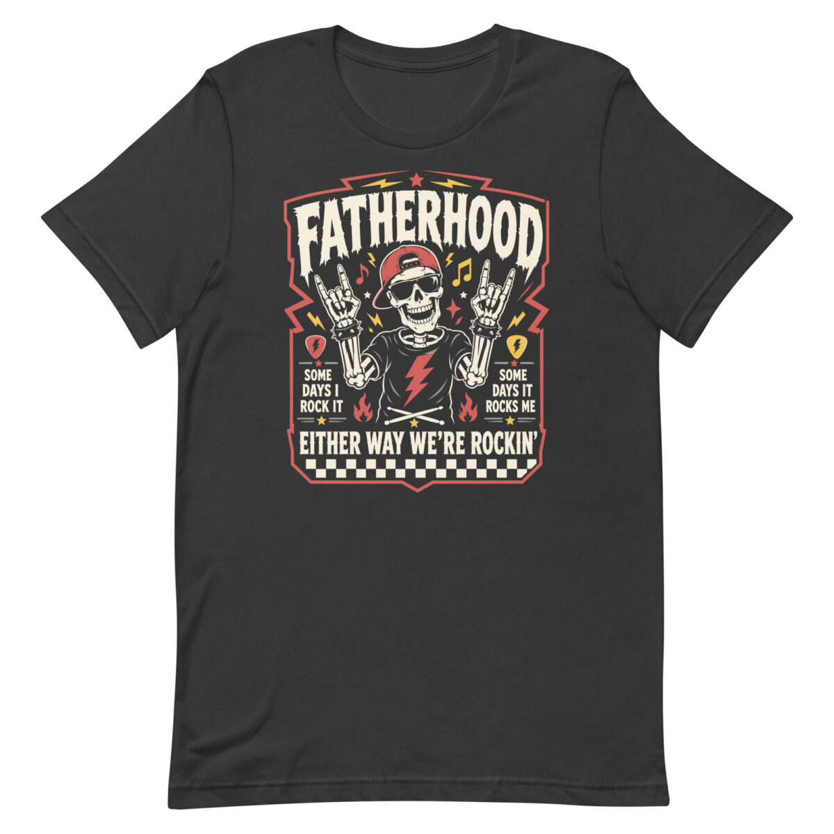 Fatherhood rock-themed skeleton graphic T-shirt design