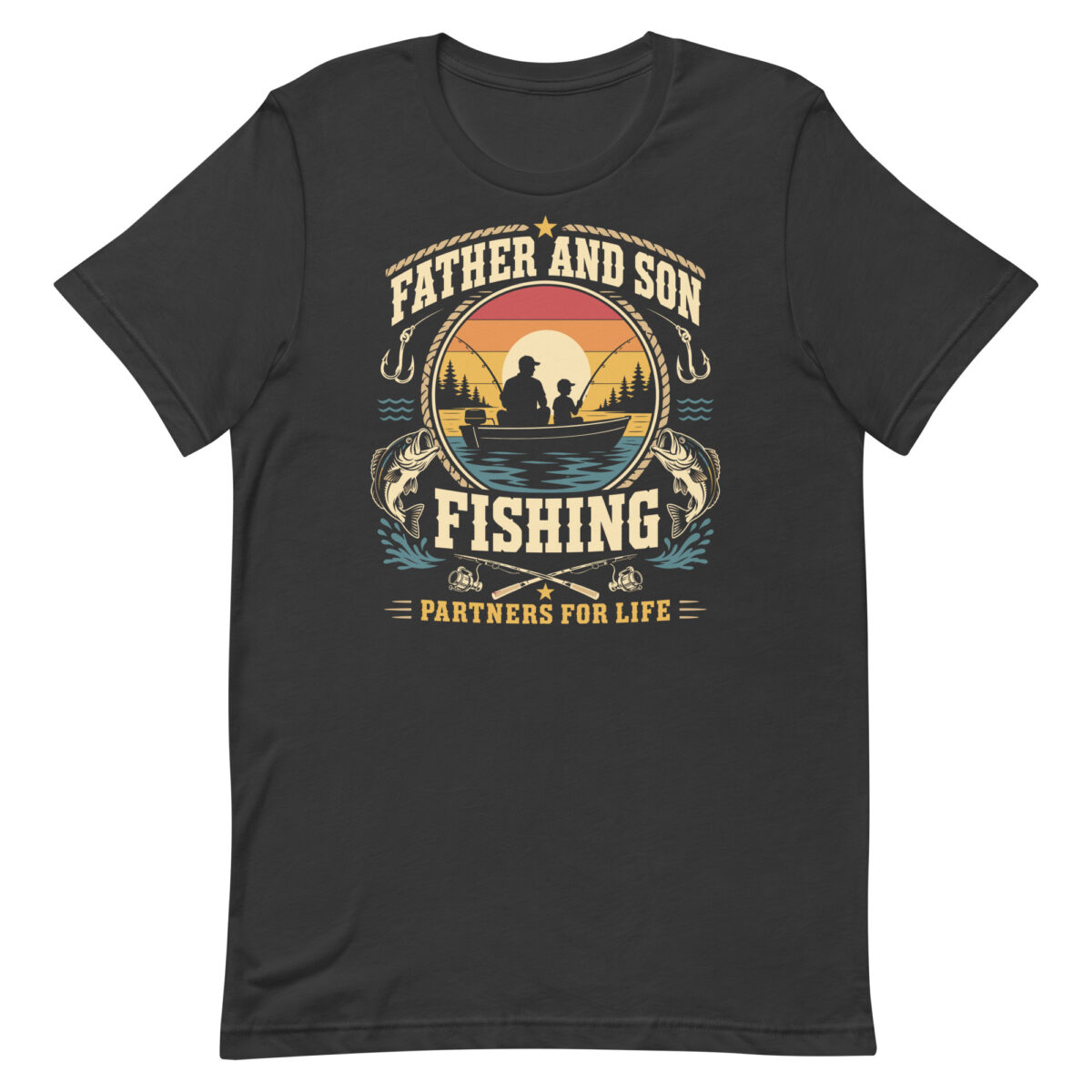 Father and son fishing sunset graphic T-shirt