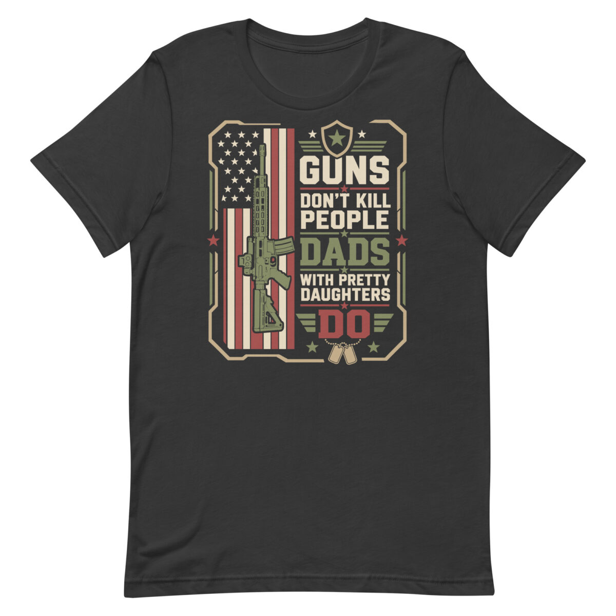 Graphic T-shirt with rifle and patriotic slogan