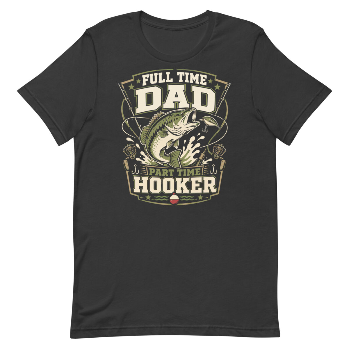 Fishing-themed dad T-shirt with jumping bass graphic