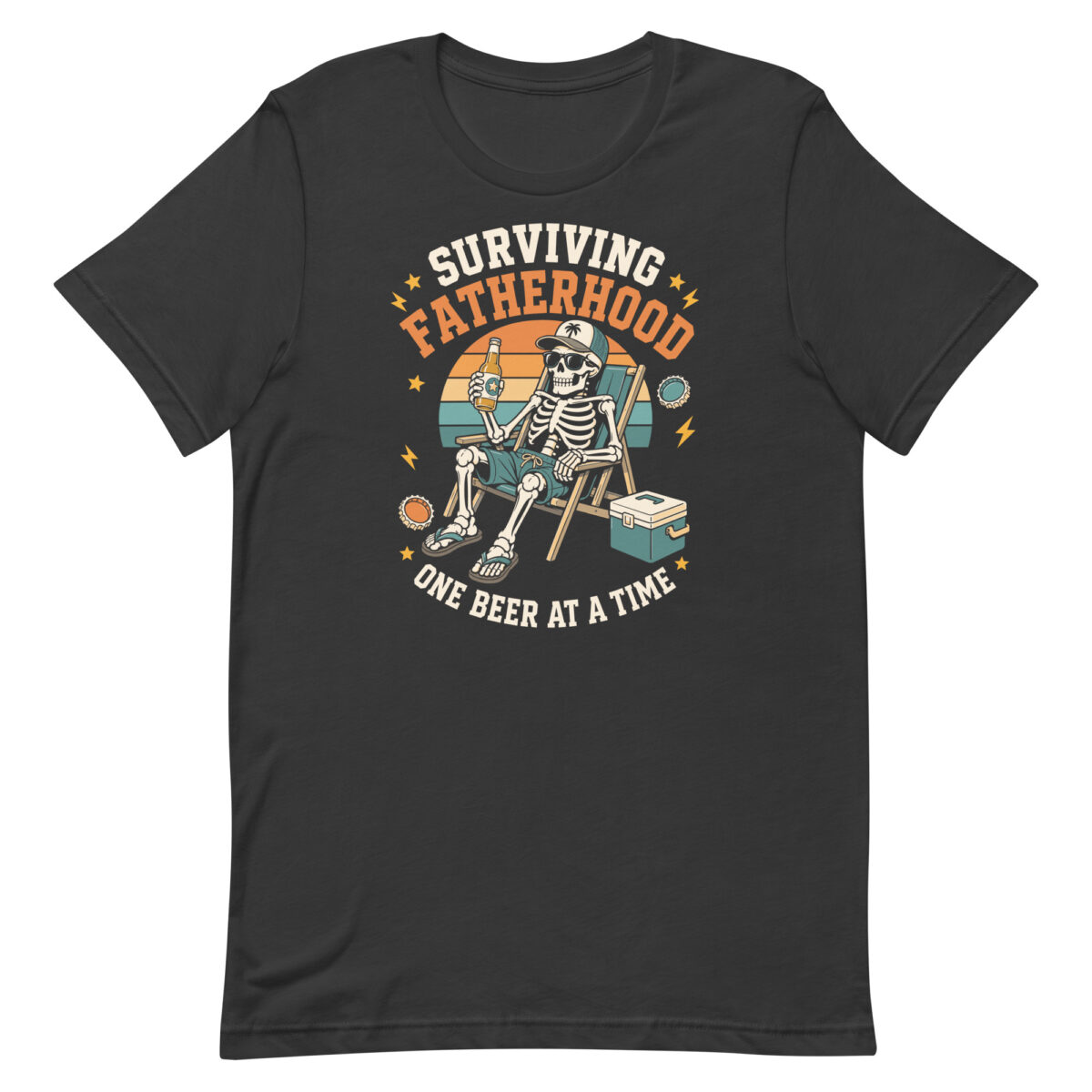 Skeleton dad relaxing with beer graphic T-shirt