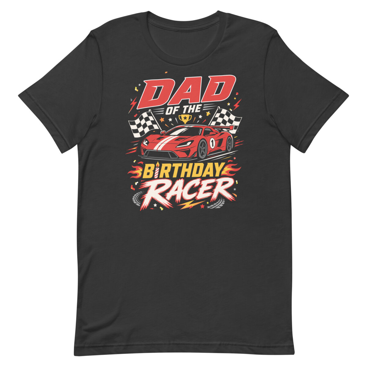 Black T-shirt with Dad of the Birthday Racer design