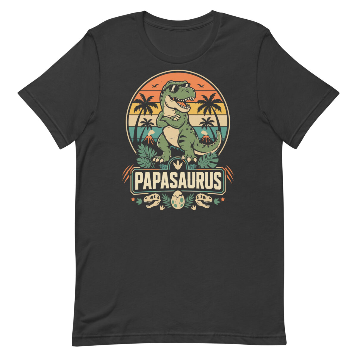 Papasaurus T-shirt with cool dinosaur sunset graphic