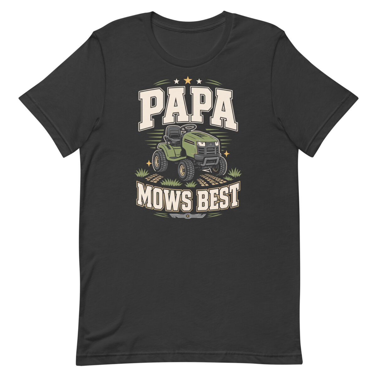 Black T-shirt with Papa Mows Best mower graphic