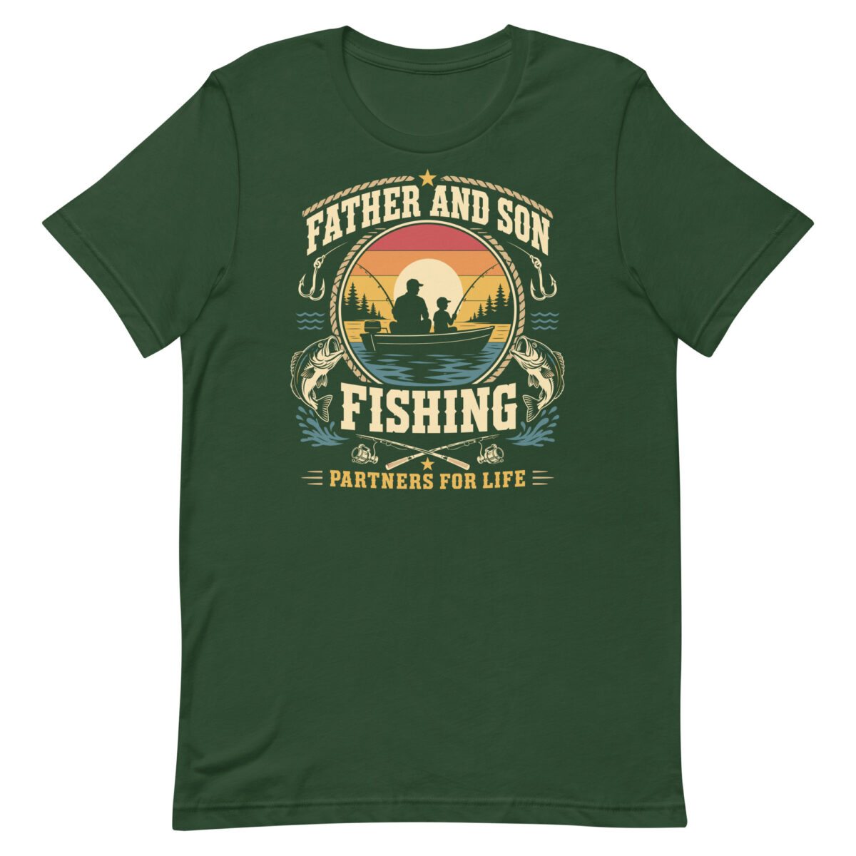 Father and son fishing graphic on green T-shirt