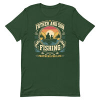 Father and son fishing graphic on green T-shirt