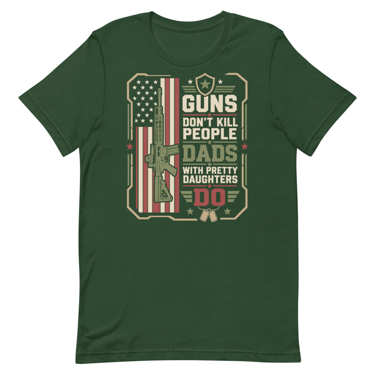 Green T-shirt with patriotic gun-themed graphic design