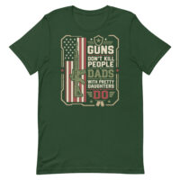 Green T-shirt with patriotic gun-themed graphic design