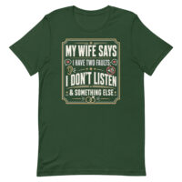 Green T-shirt with humorous marriage quote design