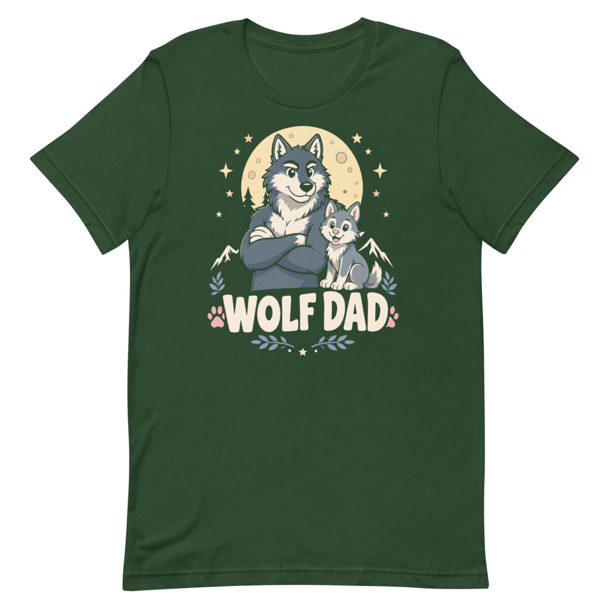 Green T-shirt with cartoon wolf dad design