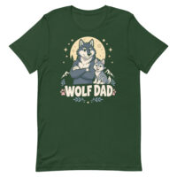 Green T-shirt with cartoon wolf dad design