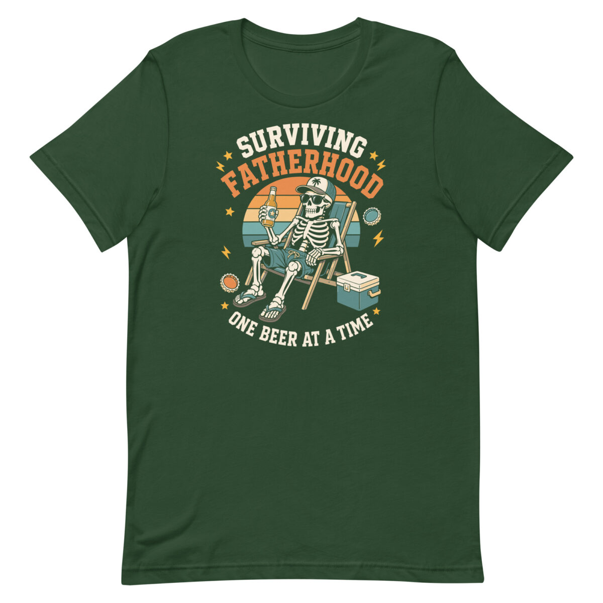Skeleton relaxing with beer Fatherhood slogan T-shirt