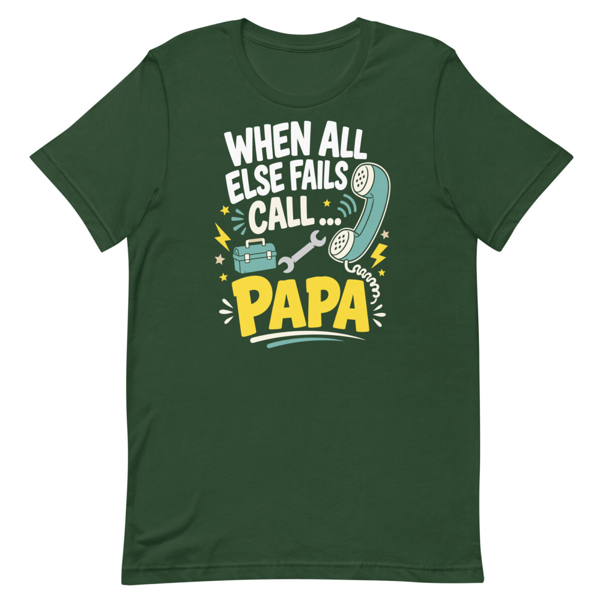 Green T-shirt with humorous Papa repair graphic