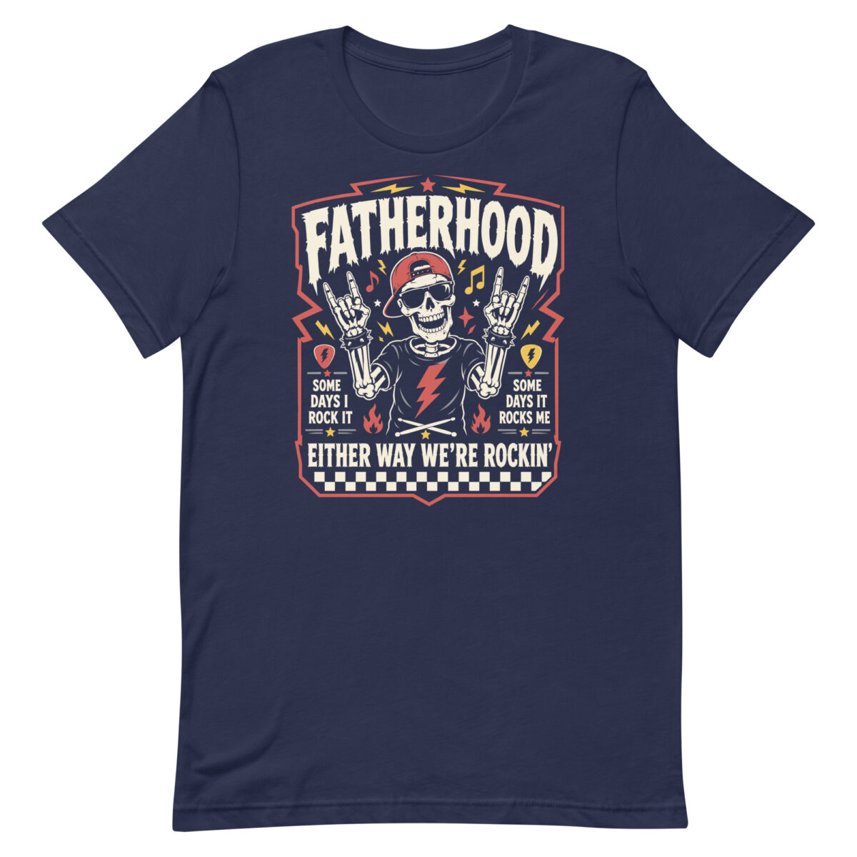 Fatherhood rock-themed skeleton graphic T-shirt