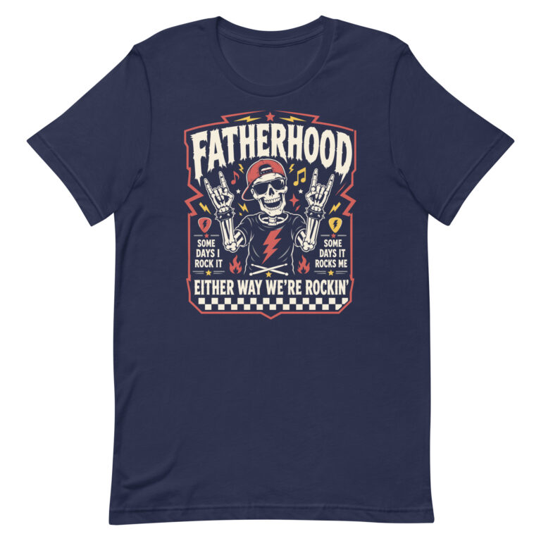 Fatherhood rock-themed skeleton graphic T-shirt