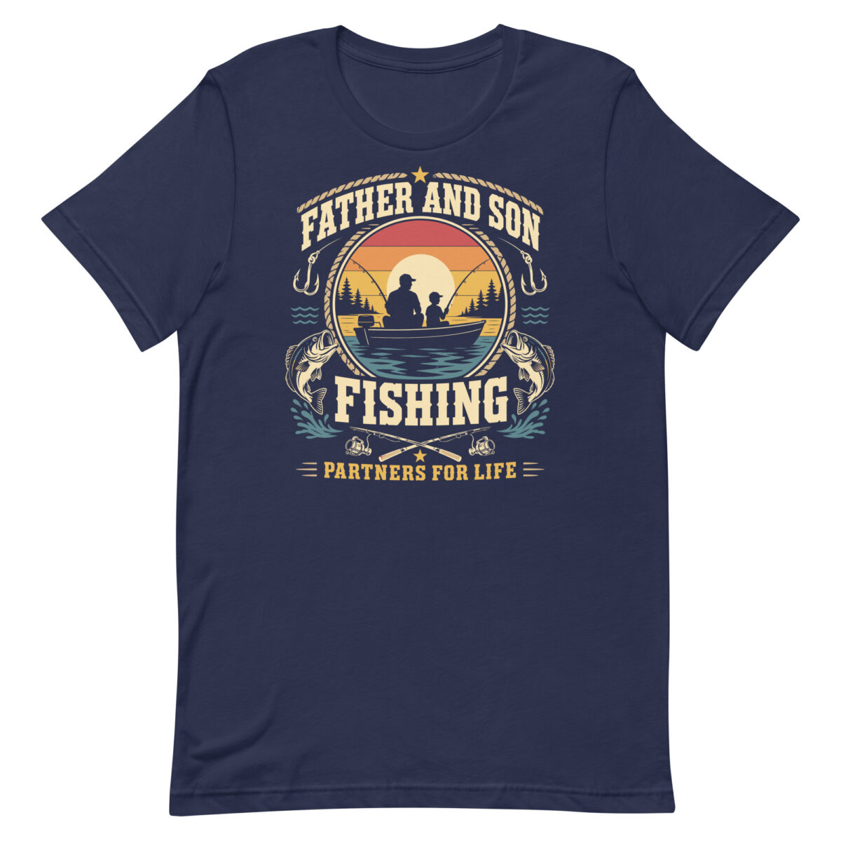 Father and son fishing sunset graphic T-shirt