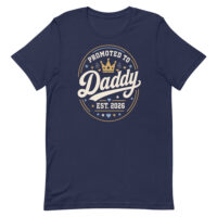 Navy T-shirt with Promoted to Daddy 2026 design