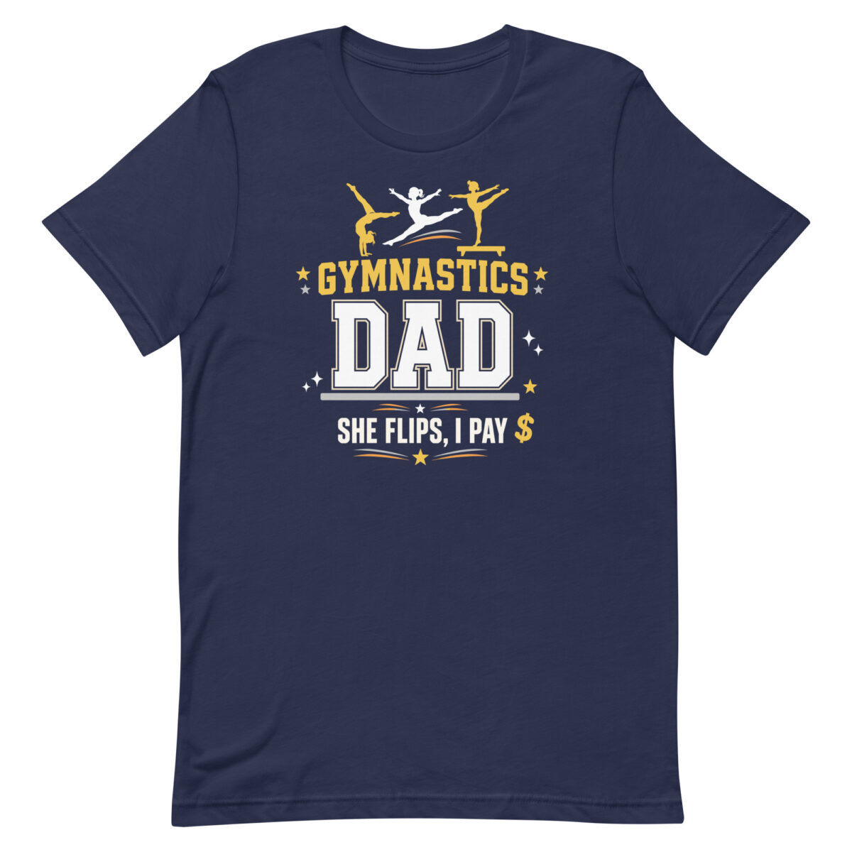 Navy Gymnastics Dad shirt with gymnast silhouettes