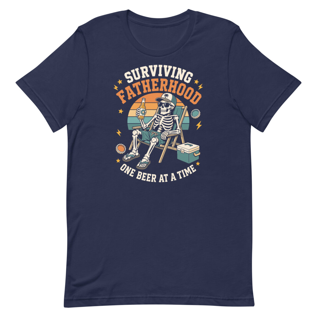 Skeleton relaxing with beer on Fatherhood T-shirt