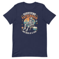 Skeleton relaxing with beer on Fatherhood T-shirt