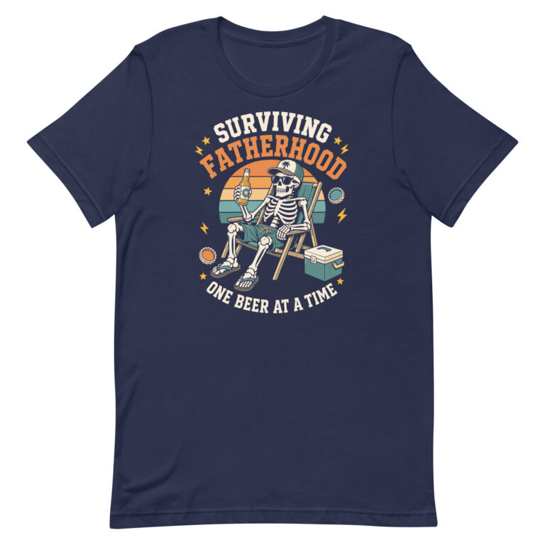 Skeleton relaxing with beer on Fatherhood T-shirt
