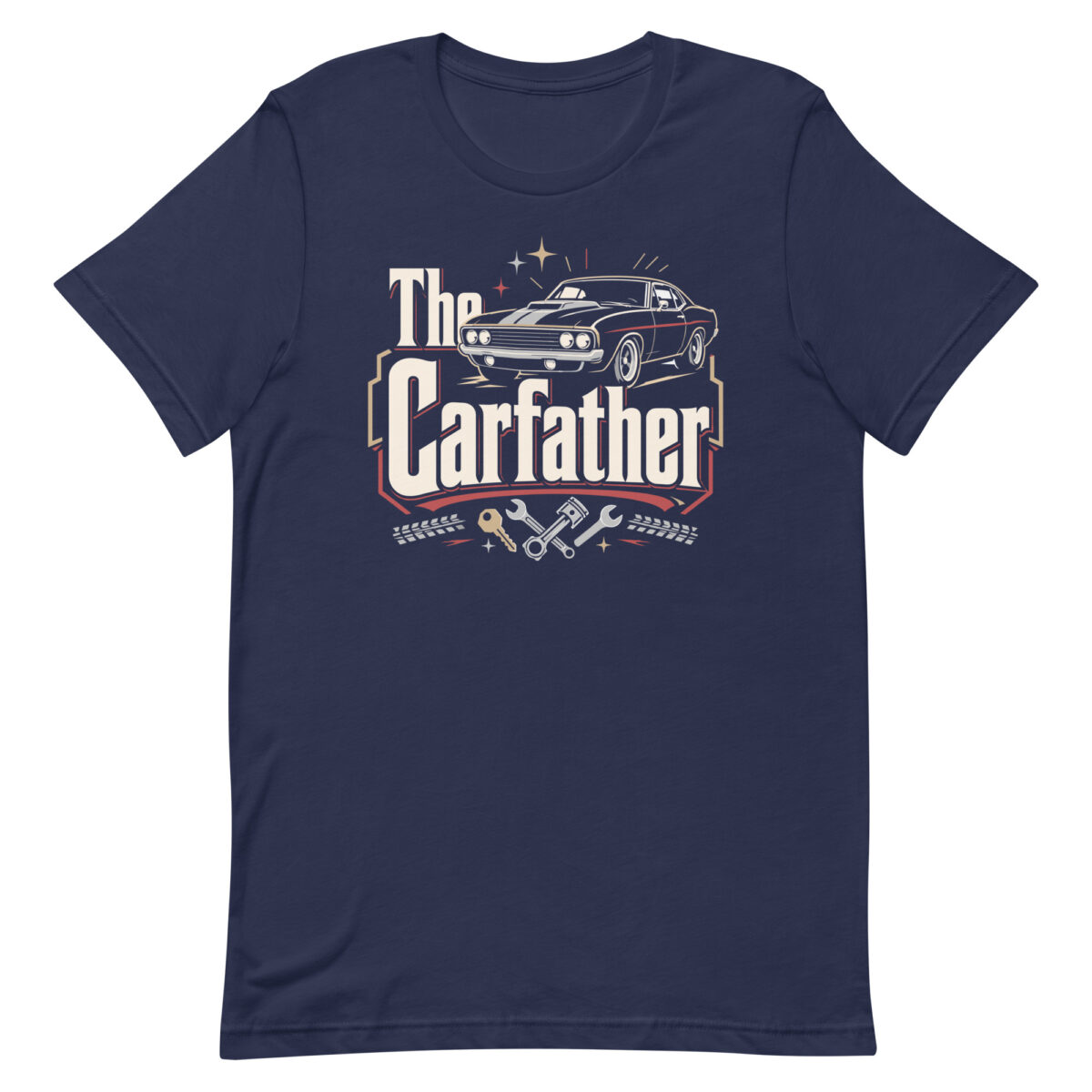 Navy T-shirt with The Carfather muscle car design