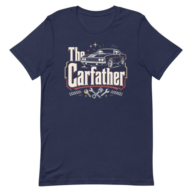 Navy T-shirt with The Carfather muscle car design