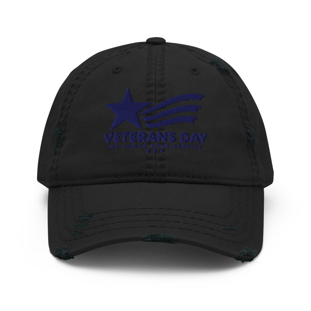 Black distressed Veterans Day cap with blue embroidered logo