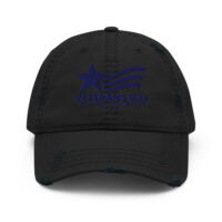 Black distressed Veterans Day cap with blue embroidered logo