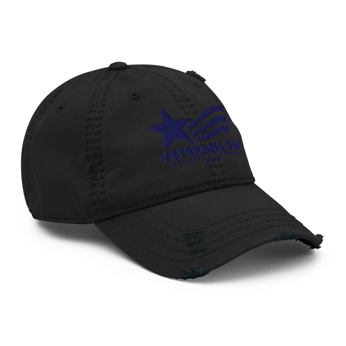 Black distressed cap with Veterans Day embroidered logo