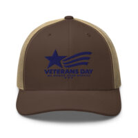 Brown Veterans Day trucker hat with embroidered blue logo