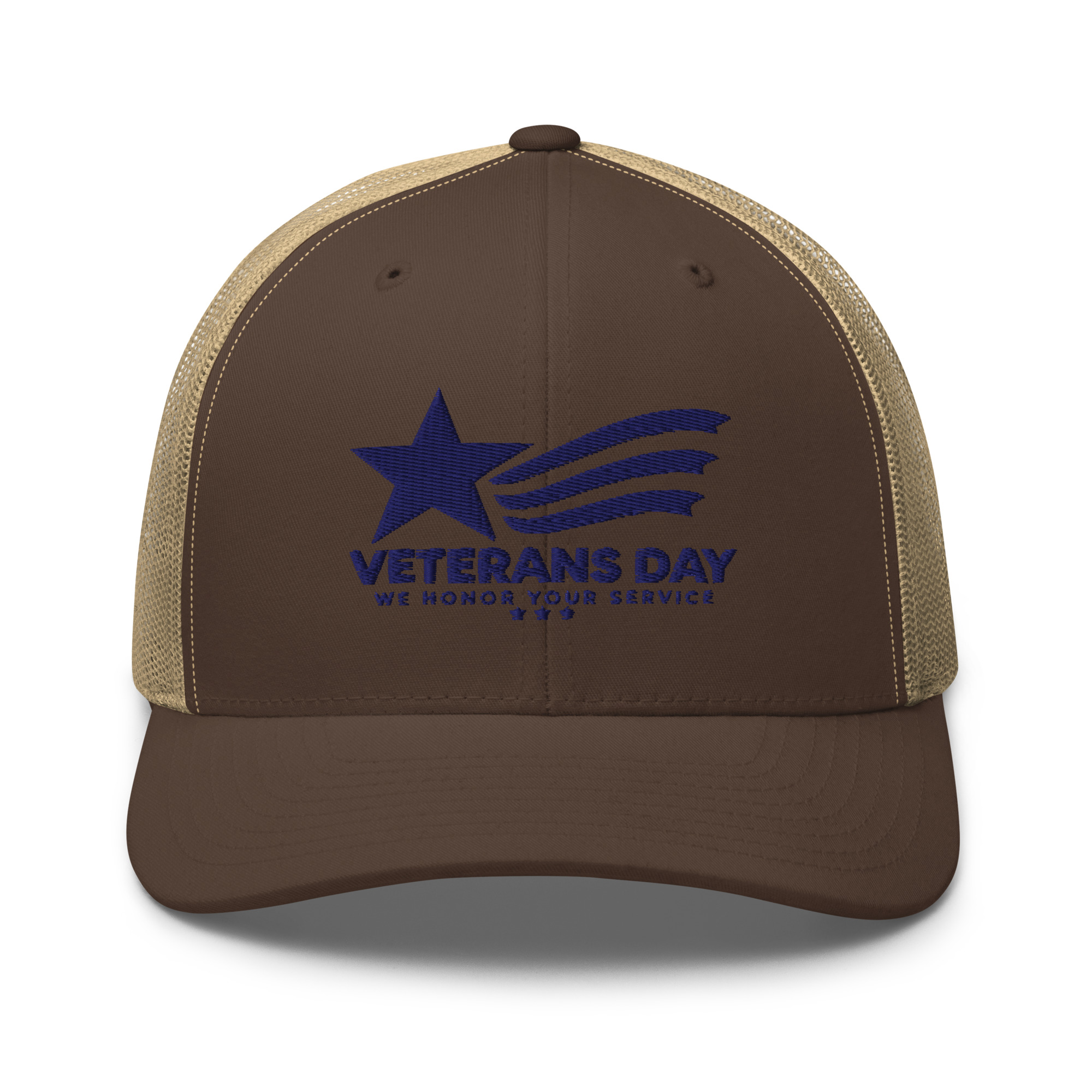retro-trucker-hat-brown-khaki-front-6ad1710a6a68d.jpg Brown Veterans Day trucker hat with embroidered blue logo