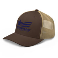 Brown mesh trucker cap with Veterans Day embroidered logo