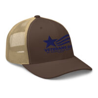 Brown Veterans Day mesh trucker cap with blue embroidery