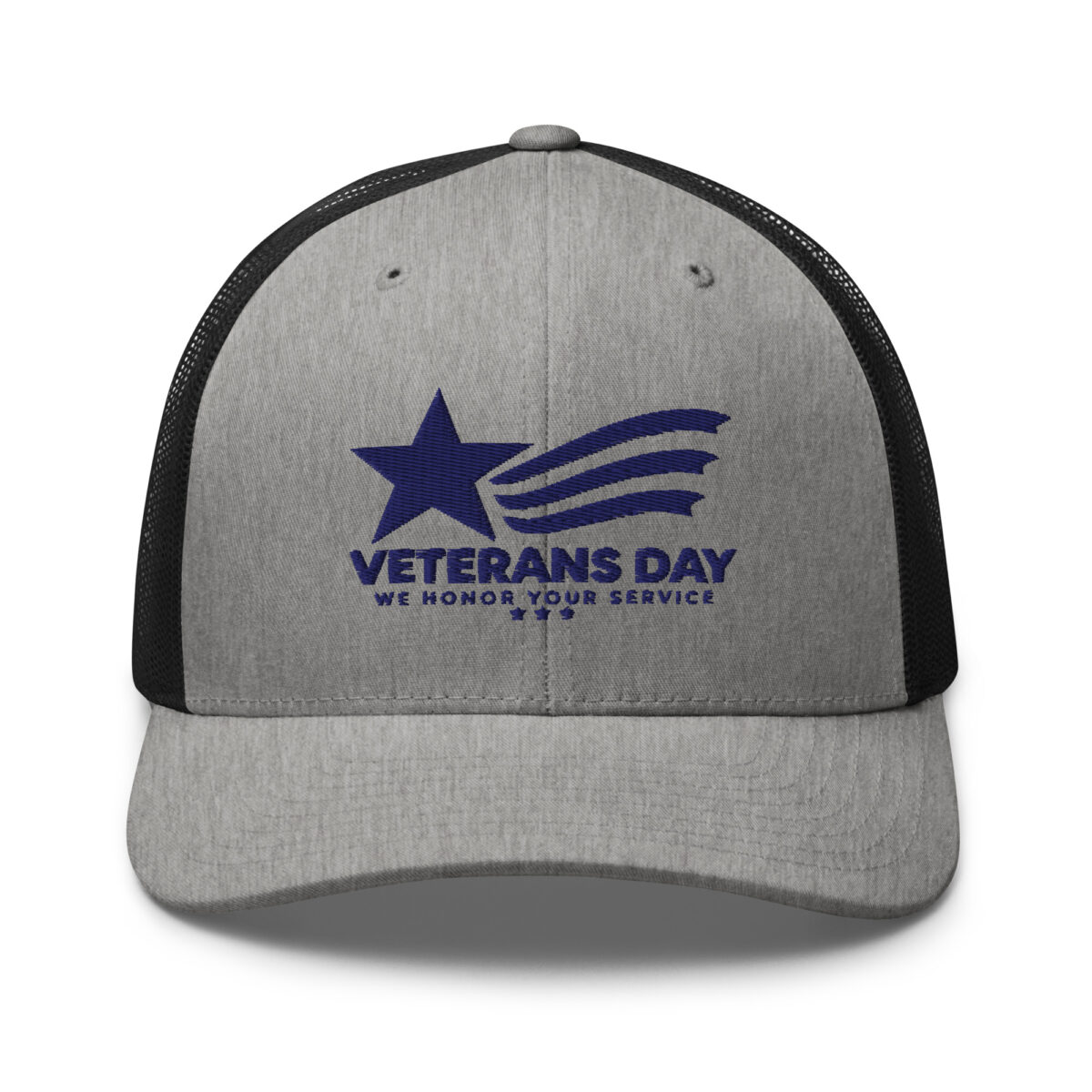 Gray Veterans Day trucker cap with blue embroidered logo