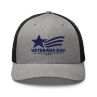 Gray Veterans Day trucker cap with blue embroidered logo
