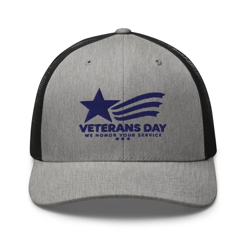 Gray Veterans Day trucker cap with blue embroidered logo