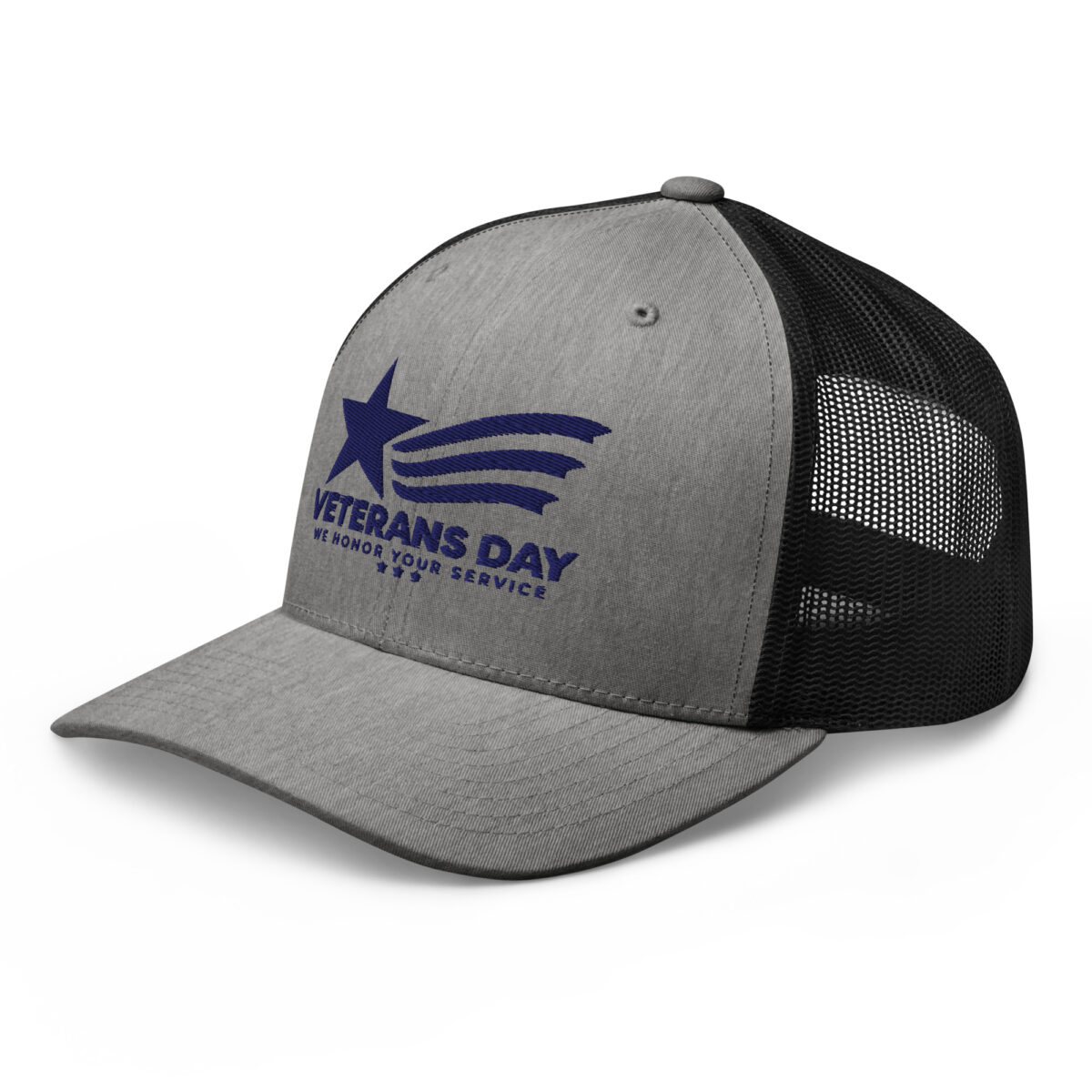 Gray Veterans Day mesh trucker hat with blue logo