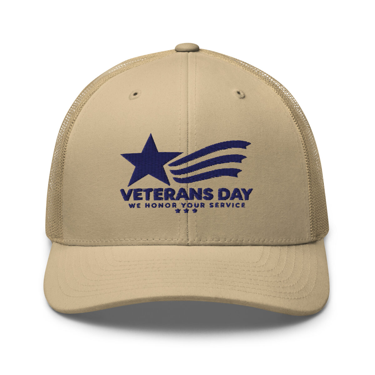 Tan Veterans Day trucker hat with blue embroidered logo